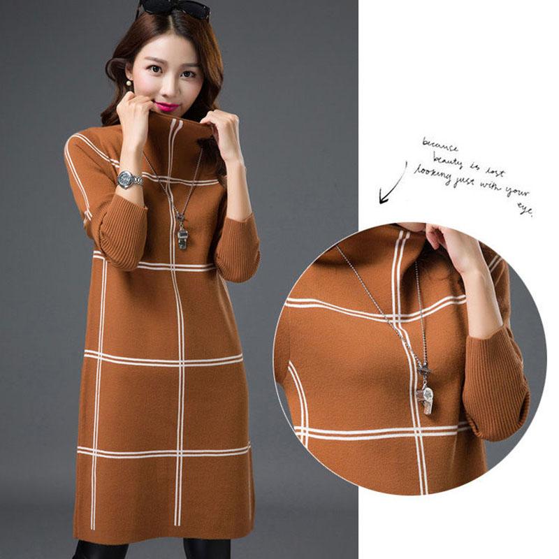 Autumn Winter Plaid Turtleneck Sweater Women Long Thick Pullover Sweater Dress All-match Bottoming Shirt Jumper Top