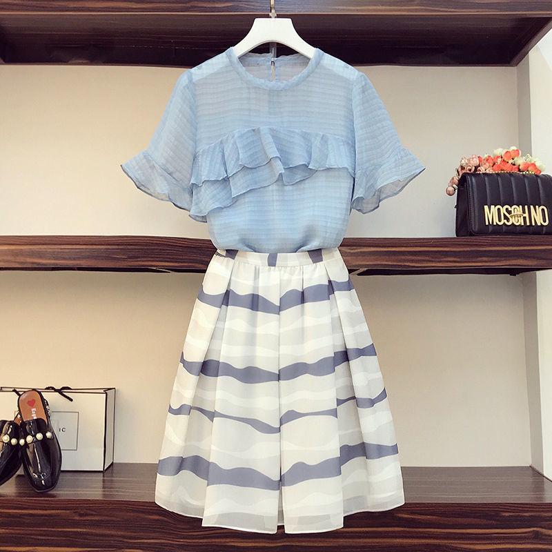 Women Summer Elegant Chiffon Casual Skirt Suit Round Neck Vintage Two-piece Set Female Slim Holiday Skirt Set