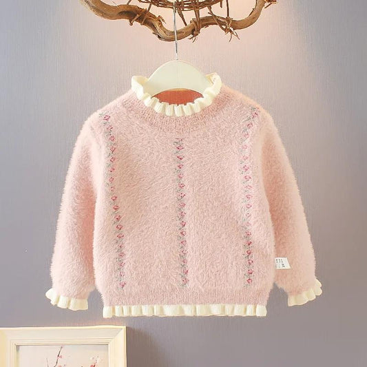 Girls Baby Mink Velvet Sweater Baby Children Sweater Pullover Knitwear Autumn and Winter Long-sleeved Top Loose Ruffle Sweater