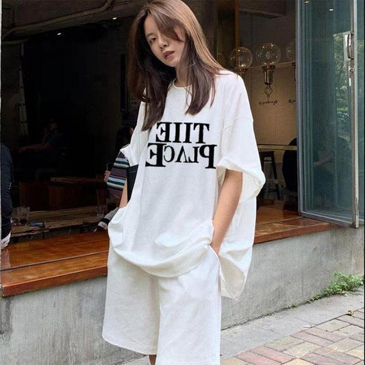 Summer Extra Large Size Casual Sports Short-sleeved Shorts Suit Women's Solid Color Loose Age-reducing Two-piece Suit