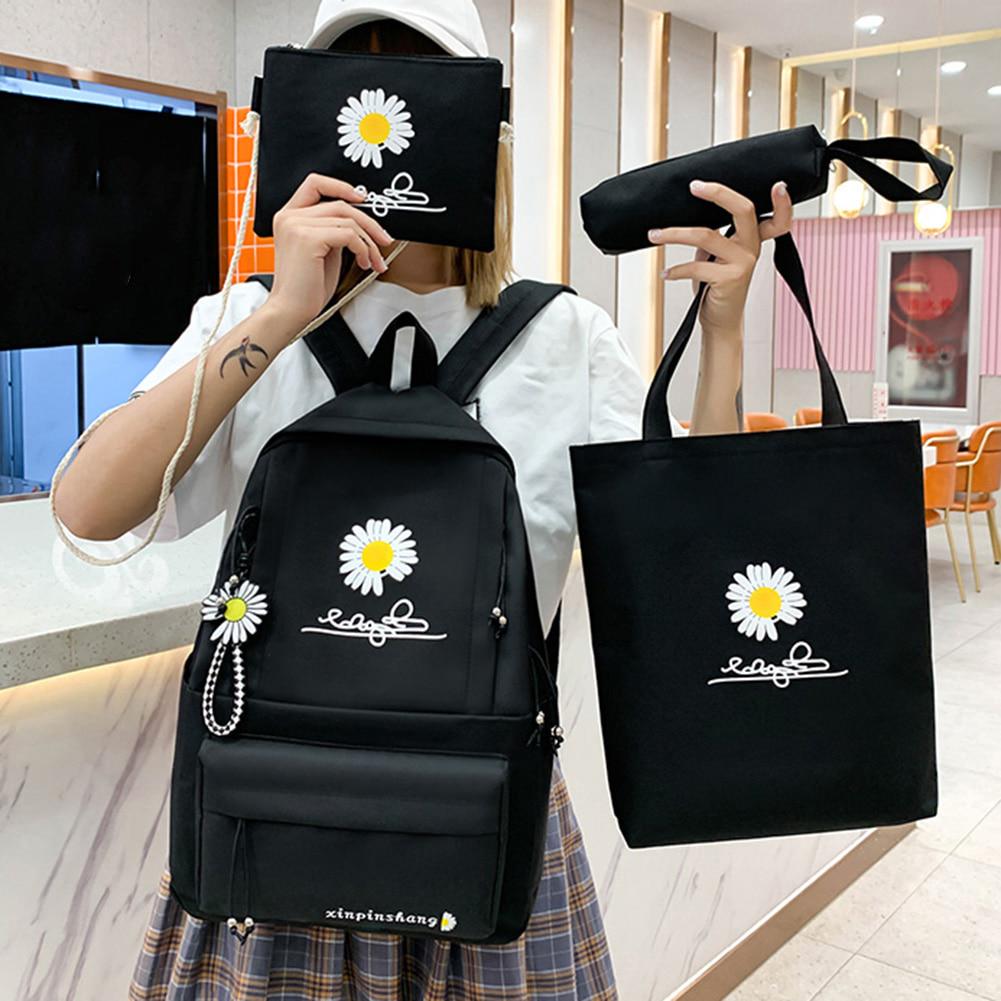 4Pcs/set Women School Backpacks Schoolbag Daisy Canvas for Teenagers Girls Student Book Bag