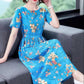 Ice Silk Elegant Printed Short-sleeved Dress Temperament Elasticated Waist Thinner Women's Floral Pattern Dress Light Fabric Comfortable and Soft