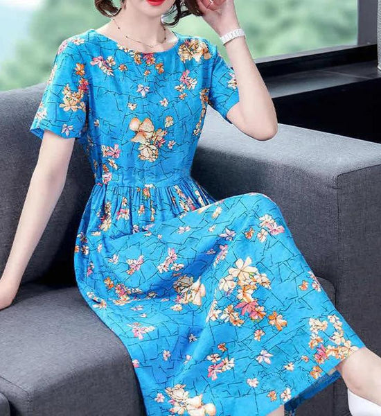 Ice Silk Elegant Printed Short-sleeved Dress Temperament Elasticated Waist Thinner Women's Floral Pattern Dress Light Fabric Comfortable and Soft