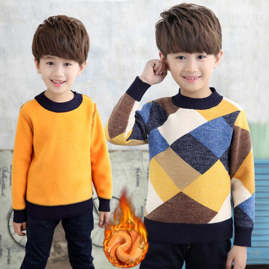 Round Neck Autumn and Winter Sweater Plus Velvet Thickening Inside Warm Sweater Children's Sweater