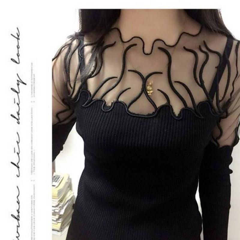 Pofulove Fashion Sexy Embroidered Rhinestone Lace Sweater Pullover Bottoming Shirt Hollow Sweater