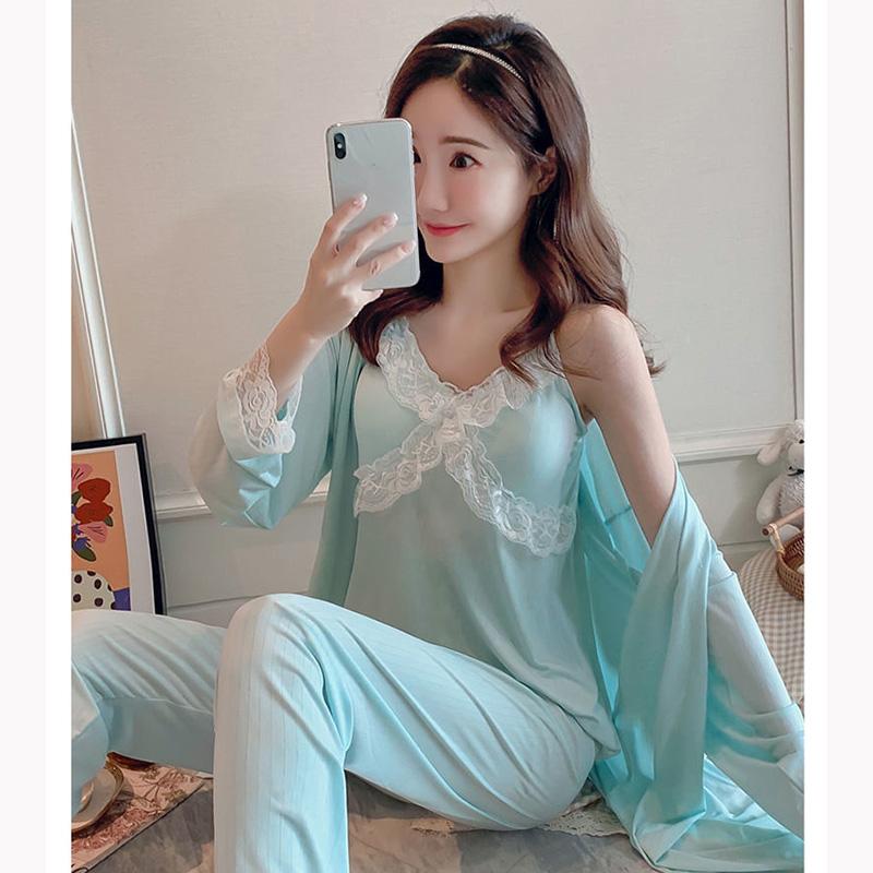 3 Pieces Women's Spring Autumn Pajamas Set Thin Sexy Lace Strap Chest Pads Suspenders Trousers Robes Homewear Solid Color V-neck Removable Chest Pad