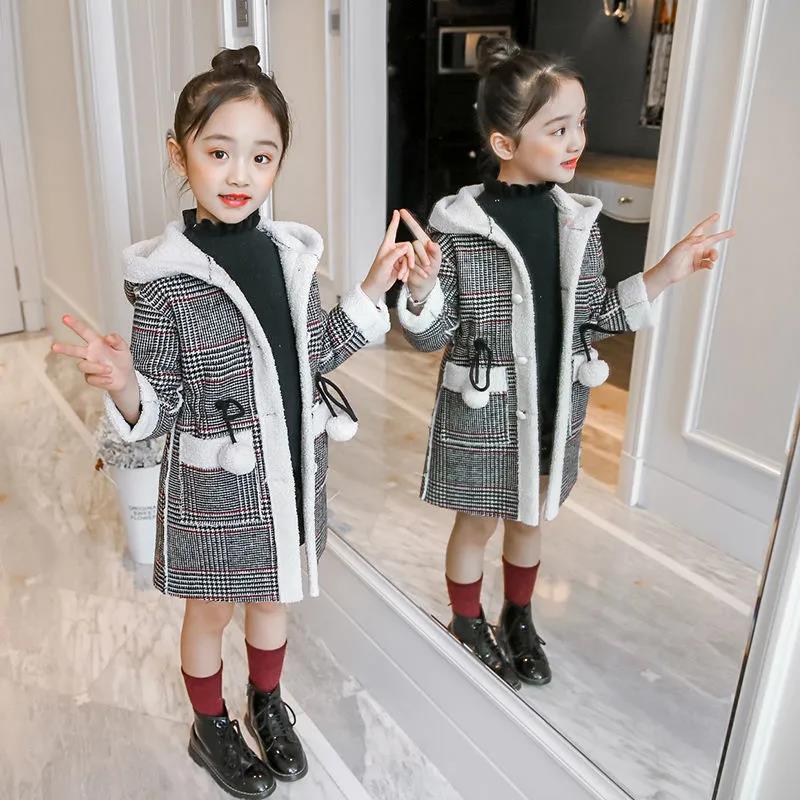 Girls' Autumn Plus Velvet Woolen Woolen Coat Big Children's Western Style Korean Style Autumn and Winter Mid-length Woolen Windbreaker Jacket