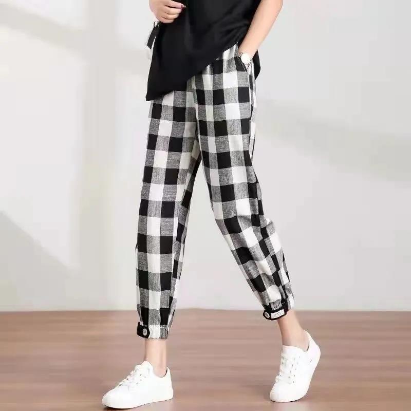 Women Long Pant In Spring and Summer Elastic Waist Loose Versatile Plaid Striped Casual Bottom Pant