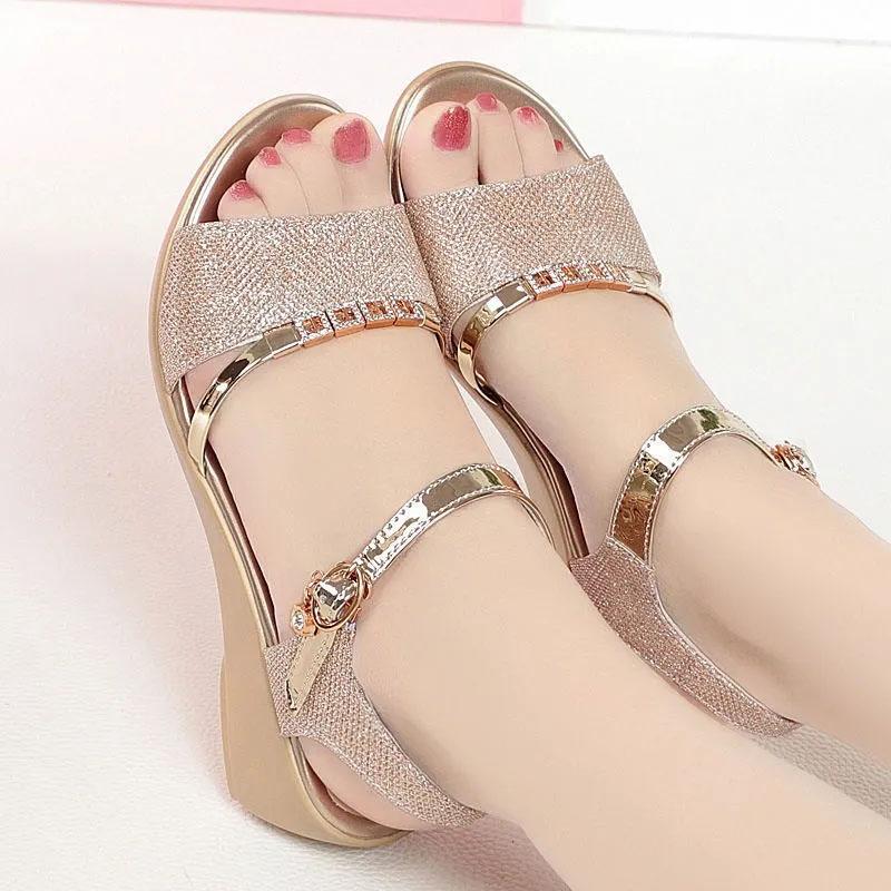 Leather Sandals Women's Open Toe Wedge Roman Shoes Women's Summer Thick Mid-heel All-match Soft Bottom Ladies Sandals