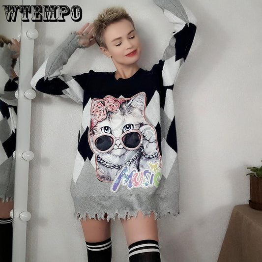 Autumn Winter Cartoon Print Tassel Sweater Women Mid-length Pullover Knitwear Loose Casual  Jumper Outer Wear