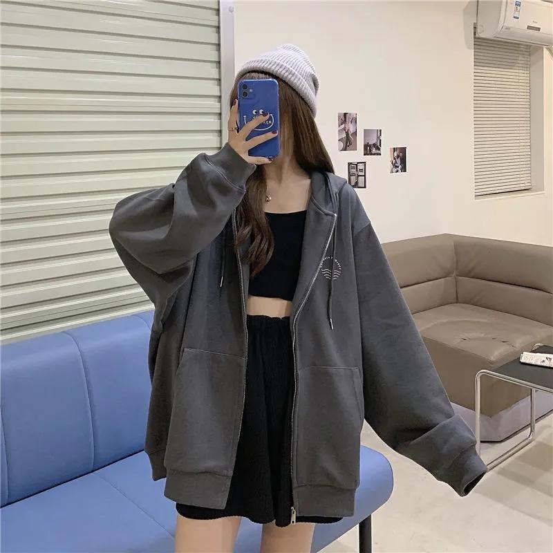 Hooded Cardigan Sweater Female Student Mid-length Top Coat Ins Spring/summer Korean Loose All-match Jacket Zipper Coat Long-sleeved Hooded Sweater