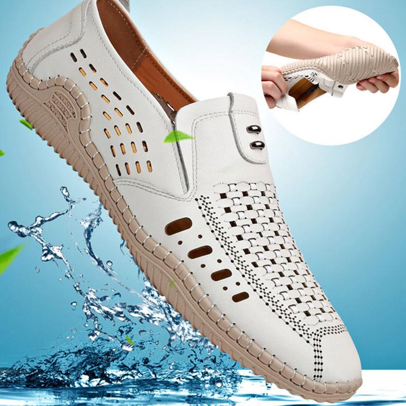 Leather Cowhide Hollow Leather Shoes Men's Summer Casual Shoes Breathable Soft Sole Outdoor Hole Shoes Men's Sandals