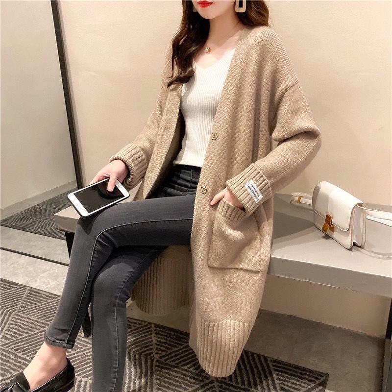 Autumn and Winter Casual Mid-length Sweater Loose Long-sleeved Pocket Cardigan