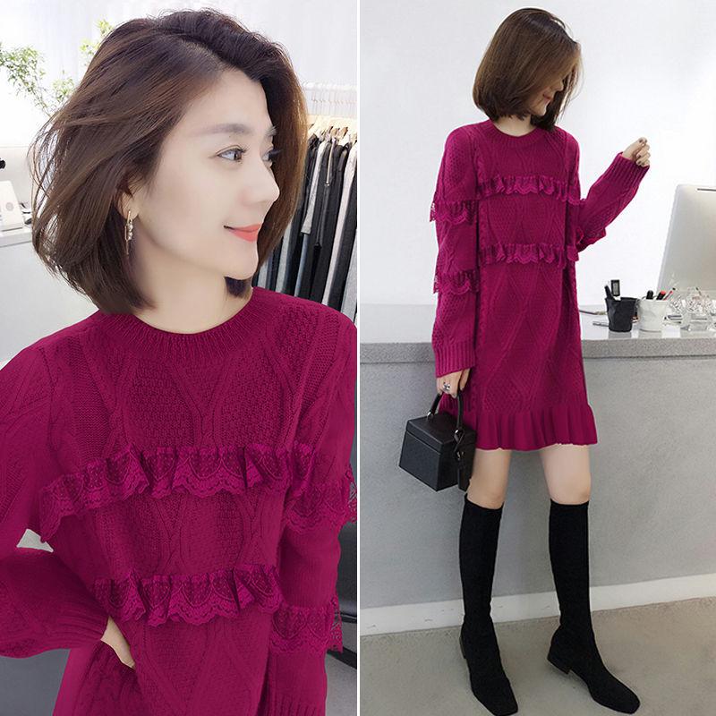 Autumn and Winter Fashion Knitted Bottoming Skirt Mid-length Solid Color Casual Dress Long-sleeved Lace Female Sweater Dress