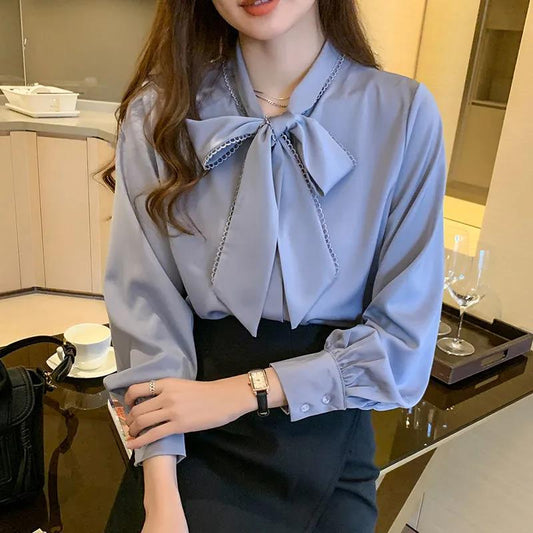 Women Spring Summer Blouse Long Sleeve Womens Tops and Blouses Vintage Women Shirts Slim Solid Color Office Lady Bow Tops