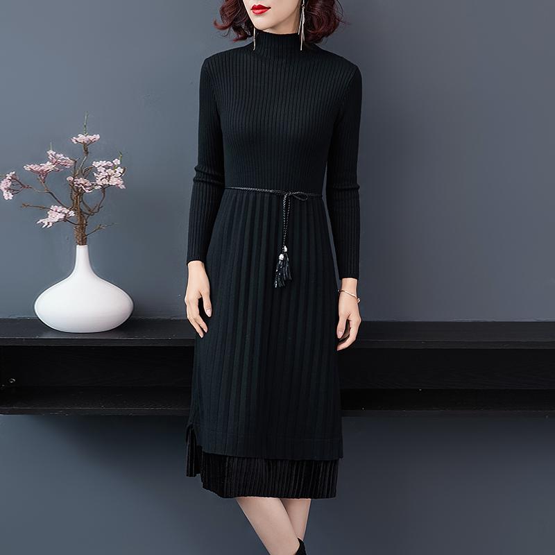 Sweater Dress Women Warm Knitted Slim Dresses Knee-length Sweater Midi Dress Elastic