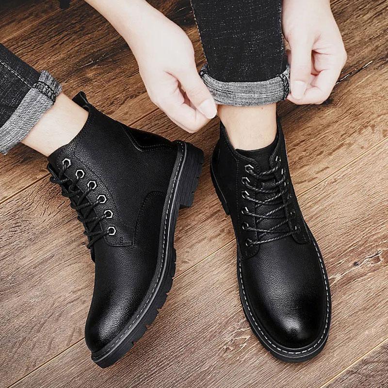 Martin Boots Men's High-top Autumn and Winter Short Boots Tooling Boots Black Plus Velvet Leather British Style Mid-top Boots Boyfriend Shoes