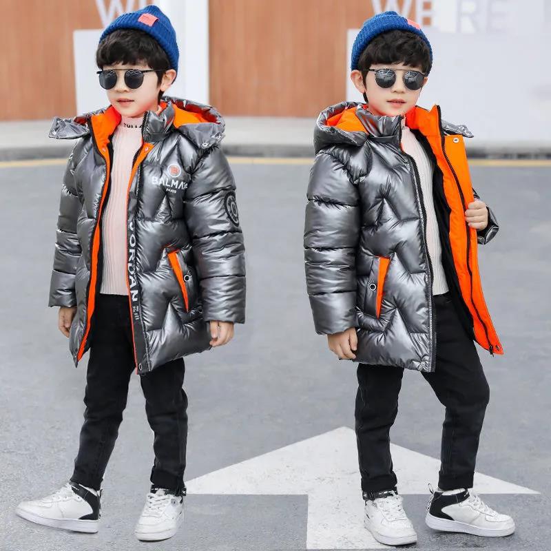 Fleece Boys' Winter Padded Jacket Big Children's Bright Leather Padded Jacket Children's Mid-length Down Padded Jacket