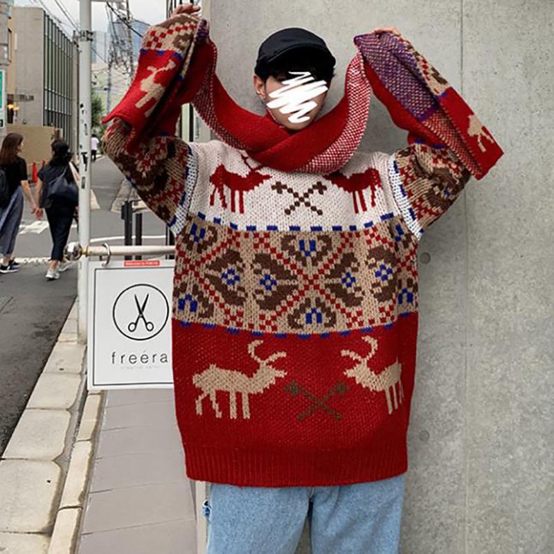 WTEMPO Christmas Couple Sweater Soft Casual Knitted Sweater Winter Warm Pullover with The Same Scarf