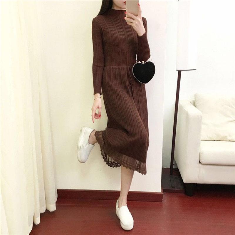 Autumn and Winter Long Sweater Dress Over The Knee Knit Bottoming Dress Half High Neck Lace Female Sweater