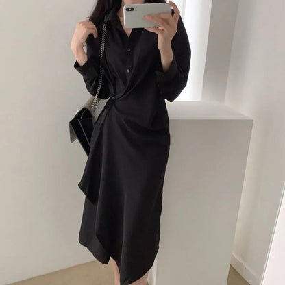 Irregular Design Shirt Dress Female Spring and Autumn Mid-length Temperament Waist Slim Slimming Dress