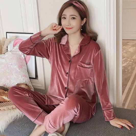 Women Winter Pajamas Sleeping Suits Warm Sleepwear Velvet Sleepshirt Homewear Button Closure Long Sleeve Top and Panty Sets Plus Size M-5XL