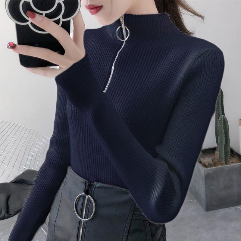 Autumn and Winter Slim-fit Waist Top with Zipper Solid Color Long-sleeved Bottoming Shirt Half Turtleneck Elastic Sweater