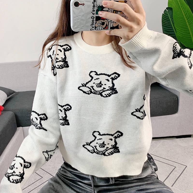 Yarn Knitted Sweater Women Fall Korean Style Cartoon Winnie The Pooh Pullover Black Knitwear