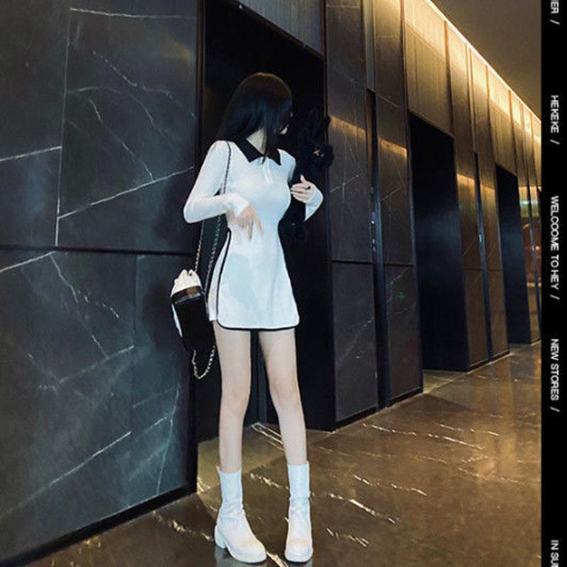 Spring and Autumn Lapel Temperament Short Skirt Casual Hit Color Slim Top Coat Hip Long Sleeve Female Dress