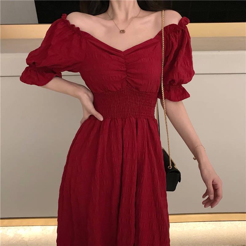 Puff Sleeve Women Maxi Dresses Sexy Off Shoulder A-Line Long Boho Summer Dress Elastic Waist Dress