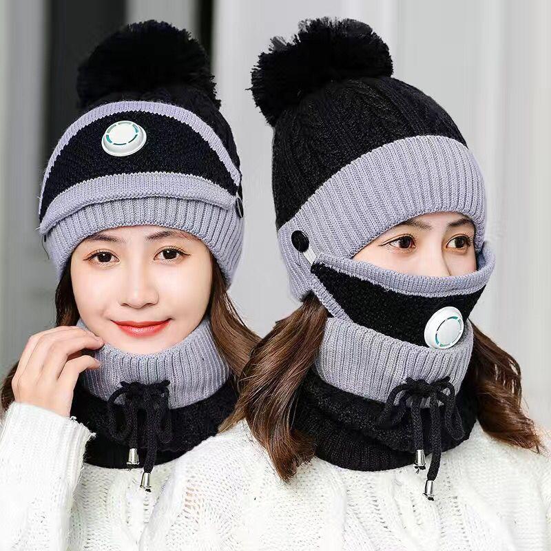 Women's Winter Hat with Velvet To Keep Warm One-piece Woolen Knit Hat Ladies Cycling Wind and Cold Bib Breathing Valve Mask One-piece Cap