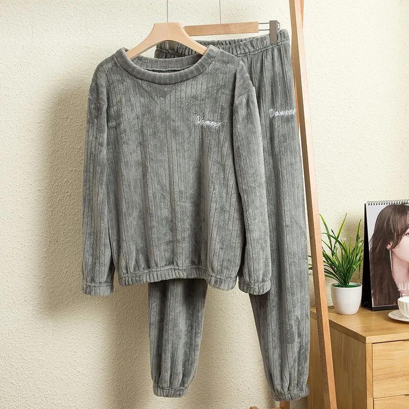 Winter Ladies Plus Velvet Embroidered Vertical Striped Pajamas Set Warm Long-sleeved Set Solid Color Outerwear Loose Home Wear Casual Outfit