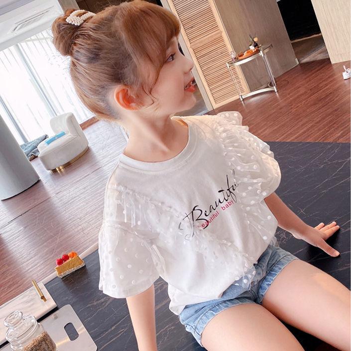 Girls' Summer T Shirt Girls' Printing Yarn Shirt Loose Version 1-8 Years Old Children's Short Sleeve Shirt Dots Folded Ruffles T Shirt