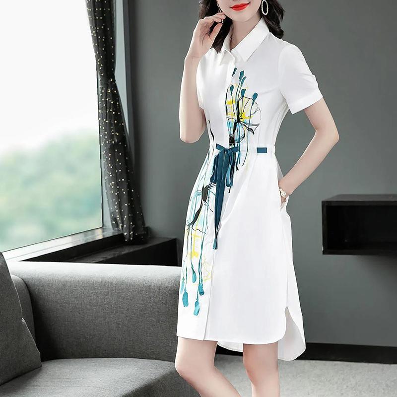 Elegant Temperament Shirt Dress Comfortable Women's Loose Dress with Printed Lapel