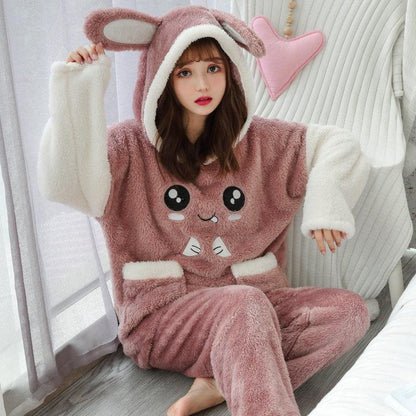 Coral Velvet Pajamas Women's Long-sleeved Thickened Plus Velvet Home Clothes Can Go Out, Leisure Suits Are Soft and Do Not Shed Hair and Do Not Fade