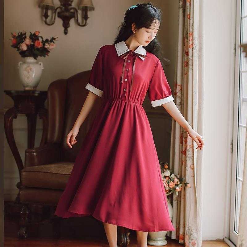 College Style Retro Slim Waist Temperament Dress Female Short-sleeved Mid-length Skirt A-line Skirt Bow Decoration Sweet and Cute