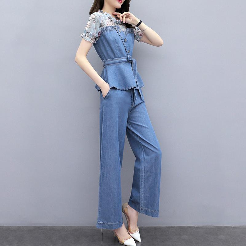 Cowboy Wide-leg Pants Suit Women's Temperament Age Reduction Two-piece Short-sleeved Denim Jacket + Denim Wide-leg Ladies Temperament Elegant Suit