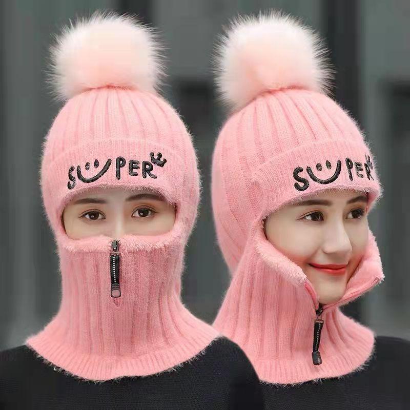 Winter Hat Ladies Knitted Hat Warm Plush Pompom Hat Skull Hat Women Girls Mask Hat Upgrade Version with Zipper