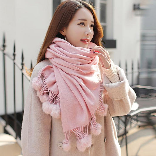 Autumn and Winter Cashmere Warm Scarf Ladies Long Thickened Fur Ball Tassel Scarf Shawl Solid Color