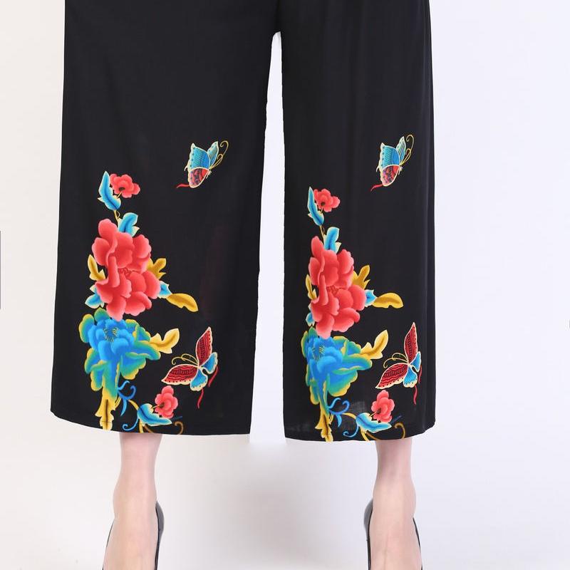 Women Summer Large Size Printed Culottes In Spring and Summer Loose High Waist Vintage Elastic Casual Cropped Pants