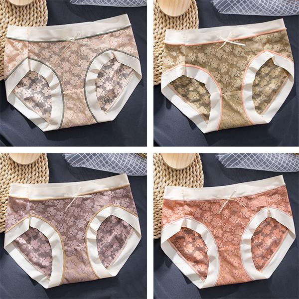 4Pcs/Set Women's Large Size Cotton Crotch Lace Panties Female Soft Breathable Low-waist Seamless Solid Color Briefs