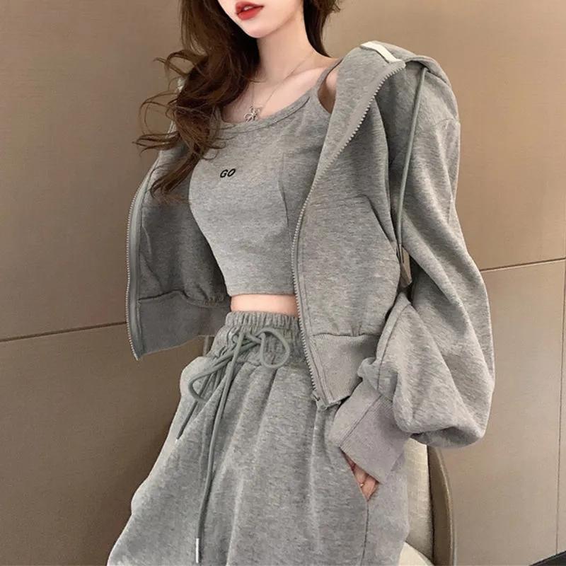 3PCS Women's Casual Sports Suit Autumn Loose and Thin Sweater Coat + Vest + Leggings Trousers Three-piece Zipper Cardigan Suit Girls Athletic Clothing