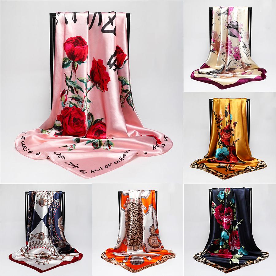 Silk Scarves Women Foulard 90*90cm Square Head Hijab Scarf Ladies Chiffon Shawl Wrap Bandanna Female