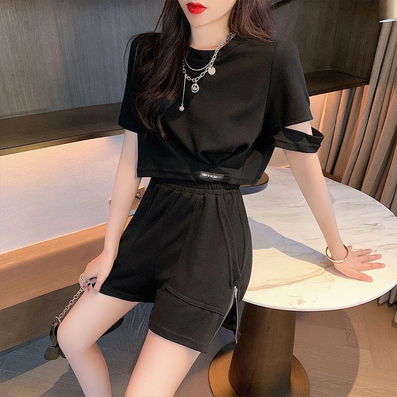 2PCS Summer Leisure Sports Suit Athletic Girl Student Short Sleeve T-Shirt + Split Zipper Shorts Fitness Casual Two-piece Suit Tracksuits for Women