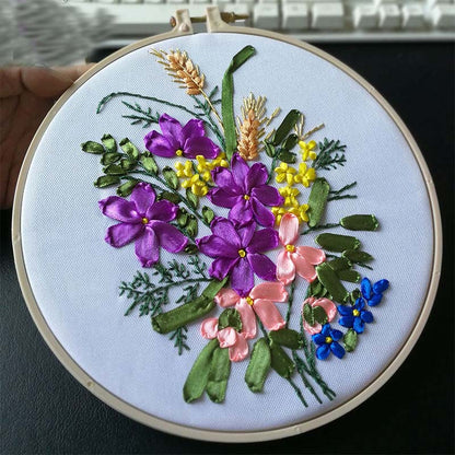 Floral Hand Cross Stitch Embroidery Cloth Starter Kits Needlepoint Color Threads Bamboo Hoop DIY