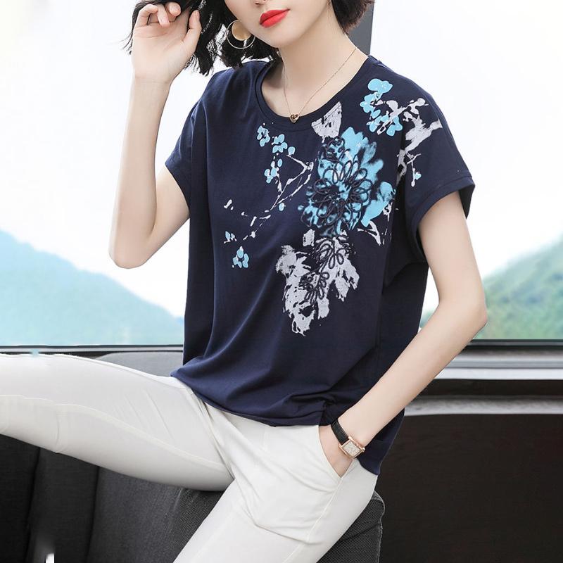 Cotton Floral Short Sleeve T-Shirt Ladies Summer Loose Large Size Fat Crew Neck Top