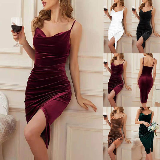 Dress Women's Spring and Summer Style European and American Fashion Temperament Slit Pleated Velvet Suspender Dress Evening Dress