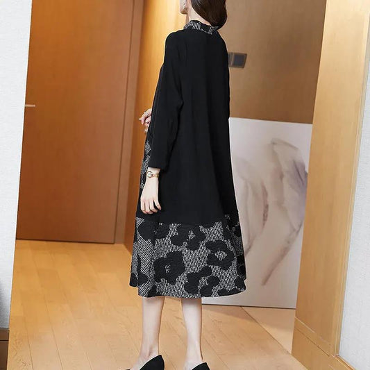 Women Turn-down Collar  Print Long Sleeve Dress Big Pocket Spring and Autumn Large Size Loose Mid-calf Dress Size L-XXXXXL