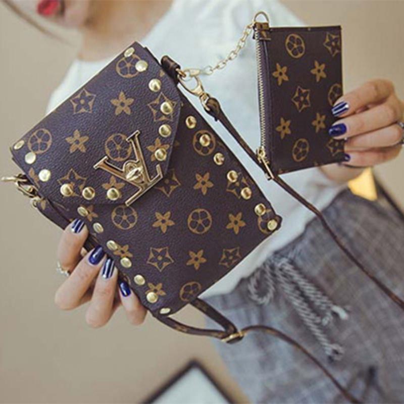 2piece Women's mobile phone bag coin purse retro printing Korean rivet small shoulder bag mini crossbody bag and clutch wallet