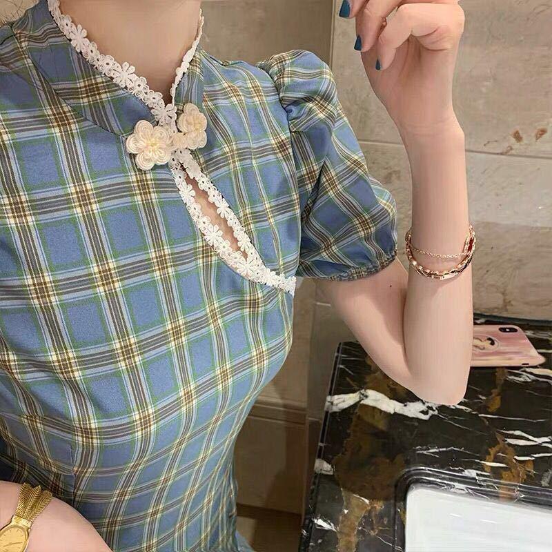 Improved Version of Cheongsam Female Summer Puff Sleeve Retro Plaid Dress with Waist and Thin Temperament Chinese Style